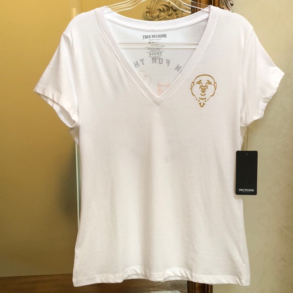 New True Religion Womens short sleeve t shirt. L. Black and shimmer gold writing - Picture 11 of 15